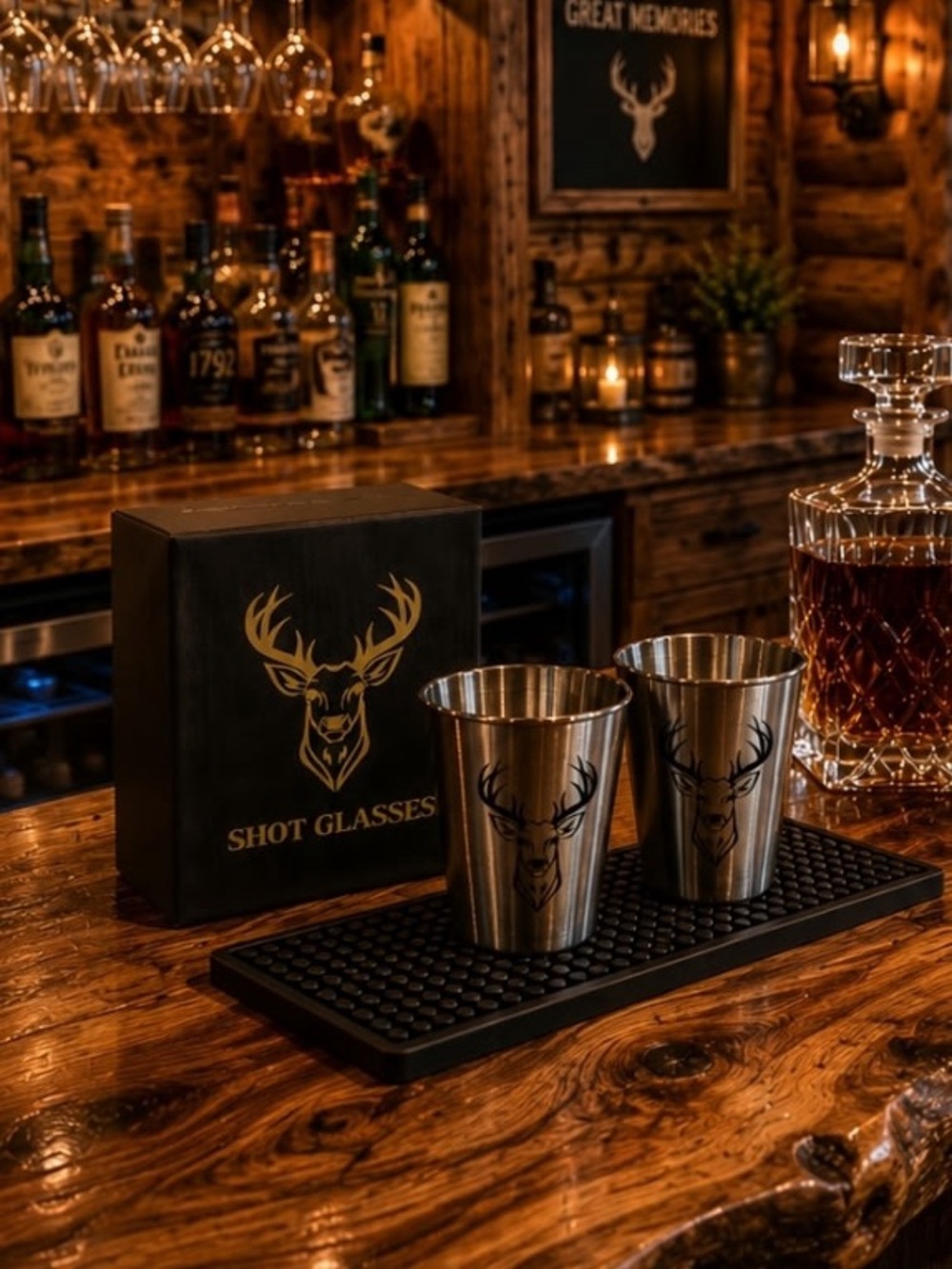 Stag Logo Stainless Steel Shot Glasses - Rustic Bar Set